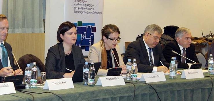 Coalition public forum held in December 2015. (L to R: Douglas Ball, USAID Mission Director; Anna Natsvlishvili, GYLA; Nino Gvenetadze,  Chief Justice; David Usupashvili, Speaker of the Parliament; Alexandre Baramidze,  First Deputy Minister of Justice)